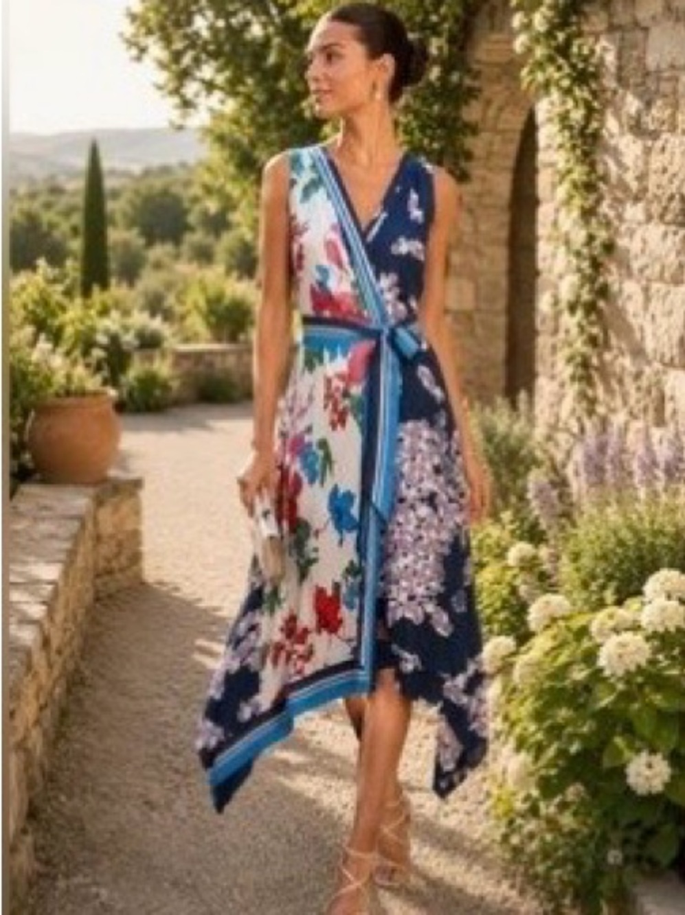 Anthropologie Maeve Blue Botanica Faux Wrap Handkerchief Hem Dress